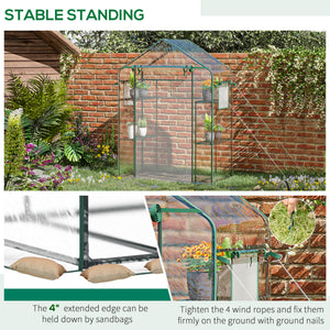 Outsunny Outdoor Walk-in Mini Greenhouse with Mesh Door & Windows, Small Portable Garden Green House with 3 Tiers 6 Shelves, Trellis, & Plant Labels