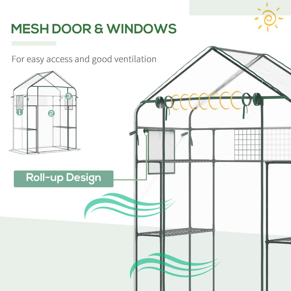 Walk-in Greenhouse with 4 Shelves, 56" x 29" x 77" Mini Greenhouse ,Roll-Up Door, Mesh Windows for Seedling, Flowers, Plant Growing, Clear