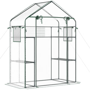 Walk-in Greenhouse with 4 Shelves, 56" x 29" x 77" Mini Greenhouse ,Roll-Up Door, Mesh Windows for Seedling, Flowers, Plant Growing, Clear