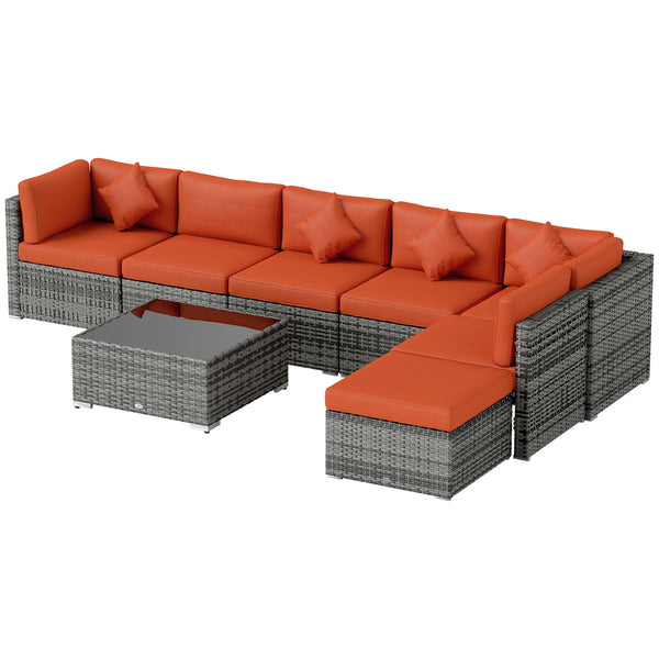 8 Pieces PE Rattan Corner Sofa Set, Outdoor Garden Furniture Set, Patio Wicker Sofa Seater w/ Cushion, Washable Cushion Cover & Tempered Glass Table, Orange