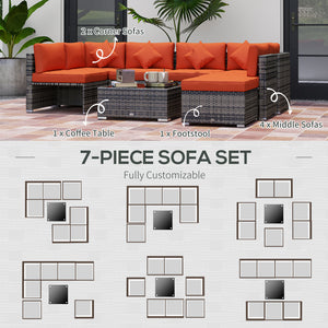 8 Pieces PE Rattan Corner Sofa Set, Outdoor Garden Furniture Set, Patio Wicker Sofa Seater w/ Cushion, Washable Cushion Cover & Tempered Glass Table, Orange