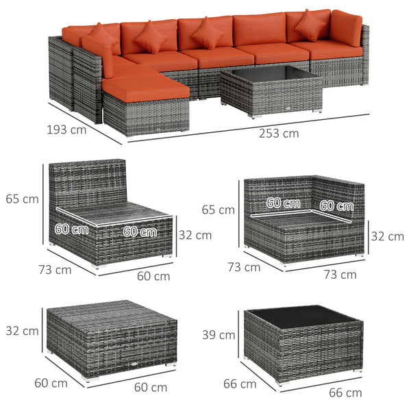 8 Pieces PE Rattan Corner Sofa Set, Outdoor Garden Furniture Set, Patio Wicker Sofa Seater w/ Cushion, Washable Cushion Cover & Tempered Glass Table, Orange