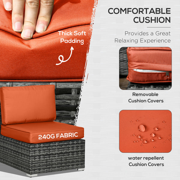 8 Pieces PE Rattan Corner Sofa Set, Outdoor Garden Furniture Set, Patio Wicker Sofa Seater w/ Cushion, Washable Cushion Cover & Tempered Glass Table, Orange