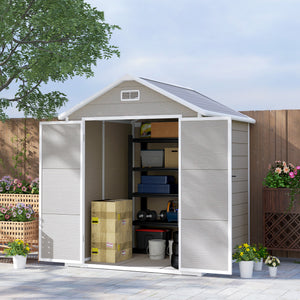 6 x 5ft Garden Shed, Plastic Shed with Floor, Window, Lockable Doors and Vents, Wood Effect Resin Tool Shed for Outdoor Patio, Dark Grey