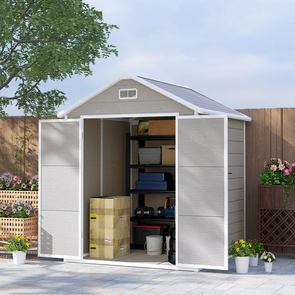 6' x 5' Outdoor Storage Shed, Plastic Garden Shed with Floor, Window, Lockable Doors and Vents, Wood Effect Resin Tool Shed for Backyard, Patio, Lawn, Dark Grey
