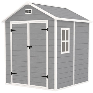 6 x 5ft Garden Shed, Plastic Shed with Floor, Window, Lockable Doors and Vents, Wood Effect Resin Tool Shed for Outdoor Patio, Dark Grey