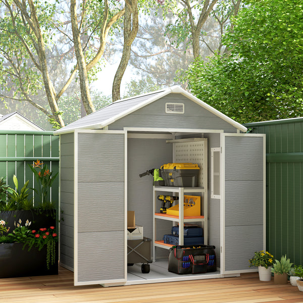 6' x 5' Outdoor Storage Shed, Plastic Garden Shed with Floor, Window, Lockable Doors and Vents, Wood Effect Resin Tool Shed for Backyard, Patio, Lawn, Dark Grey