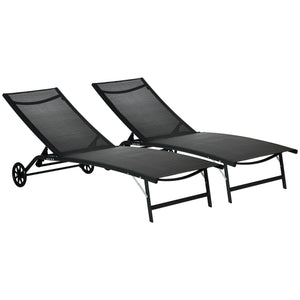 Lounge Chair Set of 2 with Wheels, Outdoor Chaise Lounge with 5-Level Adjustable Backrest for Garden, Backyard, Patio, Deck, Poolside, Black