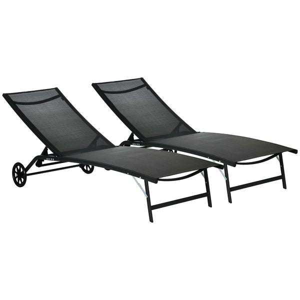 Lounge Chair Set of 2 with Wheels, Outdoor Chaise Lounge with 5-Level Adjustable Backrest for Garden, Backyard, Patio, Deck, Poolside, Black
