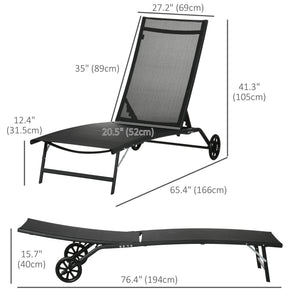Lounge Chair Set of 2 with Wheels, Outdoor Chaise Lounge with 5-Level Adjustable Backrest for Garden, Backyard, Patio, Deck, Poolside, Black