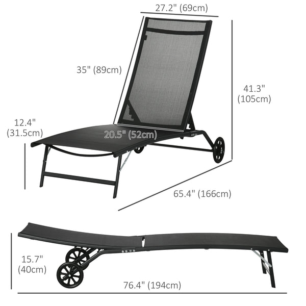 Lounge Chair Set of 2 with Wheels, Outdoor Chaise Lounge with 5-Level Adjustable Backrest for Garden, Backyard, Patio, Deck, Poolside, Black