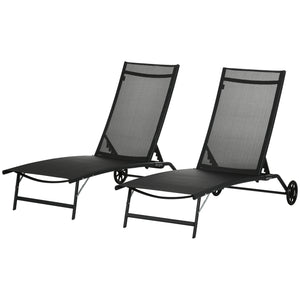 Lounge Chair Set of 2 with Wheels, Outdoor Chaise Lounge with 5-Level Adjustable Backrest for Garden, Backyard, Patio, Deck, Poolside, Black