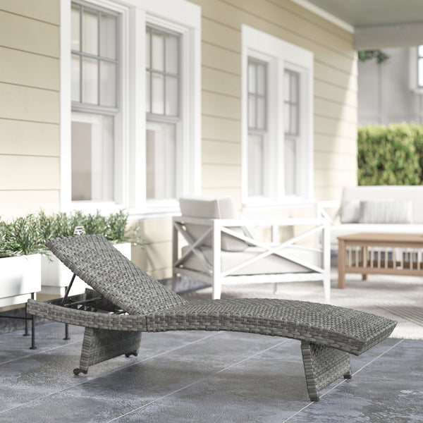 Outdoor PE Rattan Sun Lounger, Folding Wicker Garden Lounger Recliner with 4-Level Adjustable Backrest, Rolling Sunbed Lounge Chair with Wheels, Non-Slip Legs for Balcony, Beach, Mixed-grey