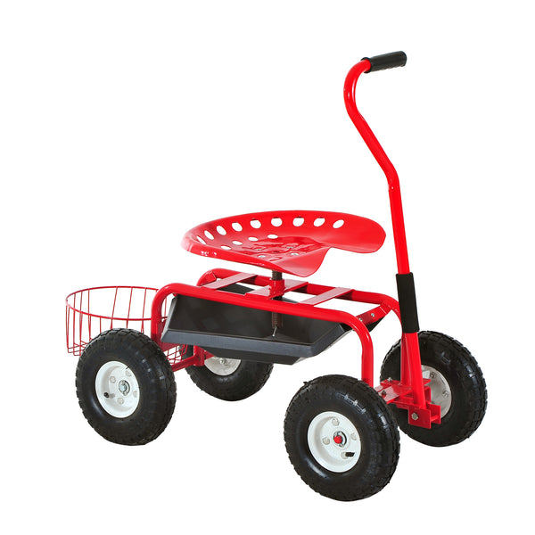 Garden Scooter, Rolling Cart with Swivel and Adjustable Seat, Tool Tray, Bucket Basket, Red and Black