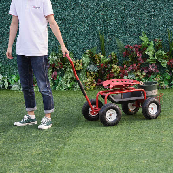 Garden Scooter, Rolling Cart with Swivel and Adjustable Seat, Tool Tray, Bucket Basket, Red and Black