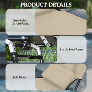 Adjustable Outdoor Lounge Chair, Garden Folding Chaise Lounge with Face Hole Reclining Tanning Chair Seat, Folding Camping Beach Lounging Bed w/ Support Pillow, Beige