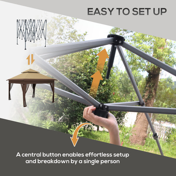 3 x 3(m) Pop Up Gazebo with Mosquito Netting, 1 Person Easy up Marquee Party Tent with 1-Button Push, Double Roof, Carry Bag, Sandbags, Height Adjustable Instant Shelter, Khaki