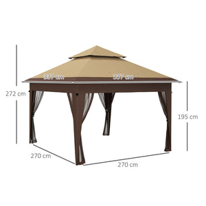 3 x 3(m) Pop Up Gazebo with Mosquito Netting, 1 Person Easy up Marquee Party Tent with 1-Button Push, Double Roof, Carry Bag, Sandbags, Height Adjustable Instant Shelter, Khaki