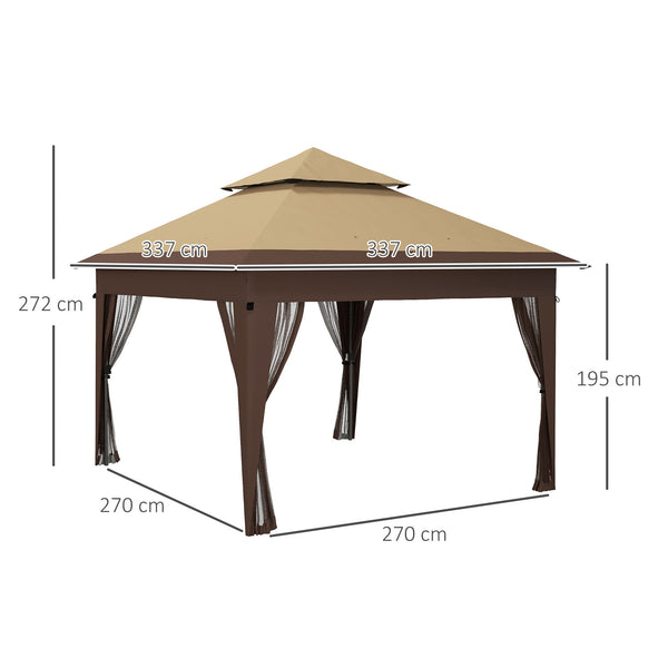 3 x 3(m) Pop Up Gazebo with Mosquito Netting, 1 Person Easy up Marquee Party Tent with 1-Button Push, Double Roof, Carry Bag, Sandbags, Height Adjustable Instant Shelter, Khaki
