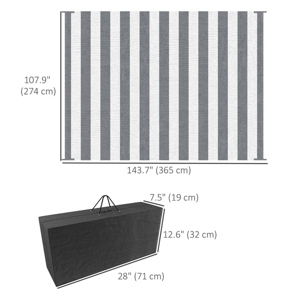 Reversible Outdoor Rug with Carry Bag, 9' x 12' Waterproof Plastic Straw Floor Mat, Portable RV Camping Carpet for Backyard, Deck, Picnic, Beach, Stripe, Grey & White