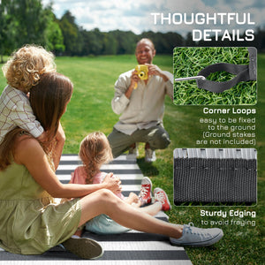 Reversible Outdoor Rug with Carry Bag, 9' x 12' Waterproof Plastic Straw Floor Mat, Portable RV Camping Carpet for Backyard, Deck, Picnic, Beach, Stripe, Grey & White