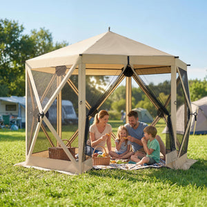 10 x 11 ft Pop Up Gazebo Screen Tent, Outdoor Portable Instant Camping Canopy Screen House Sun Shelter with Mesh Nettings, Carry Bag, Ground Stakes, Ropes for Patio, Backyard, Beige