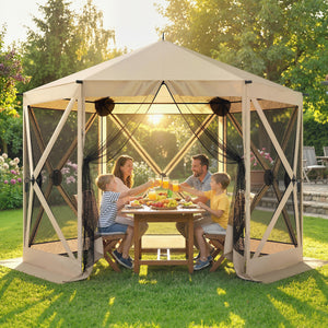 10 x 11 ft Pop Up Gazebo Screen Tent, Outdoor Portable Instant Camping Canopy Screen House Sun Shelter with Mesh Nettings, Carry Bag, Ground Stakes, Ropes for Patio, Backyard, Beige