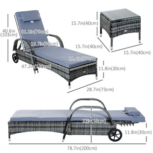 3 Pieces Patio Rattan Chaise Lounge Set, Outdoor PE Wicker Reclining Lounger Furniture Set, Adjustable Portable with Wheeled & Side Table, Grey