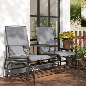 2 Seats Garden Glider Bench, Metal Frame Loveseat with Glass Top  Centre Table, Porch Rocking Glider for 2 Person, for Deck, Patio, Brown/ Grey