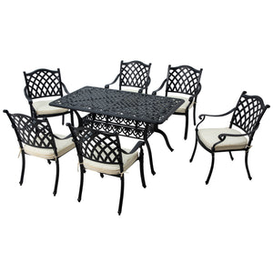 7 PCs Garden Patio Dining Set with Parasol Hole, Cast Aluminium Outdoor Furniture Set with Six Cushioned Chairs and Rectangle Dining Table, for Garden, Lawn, Deck, Black