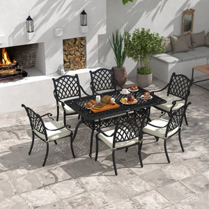 7 PCs Garden Patio Dining Set with Parasol Hole, Cast Aluminium Outdoor Furniture Set with Six Cushioned Chairs and Rectangle Dining Table, for Garden, Lawn, Deck, Black