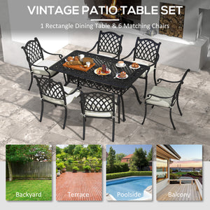 7 PCs Garden Patio Dining Set with Parasol Hole, Cast Aluminium Outdoor Furniture Set with Six Cushioned Chairs and Rectangle Dining Table, for Garden, Lawn, Deck, Black