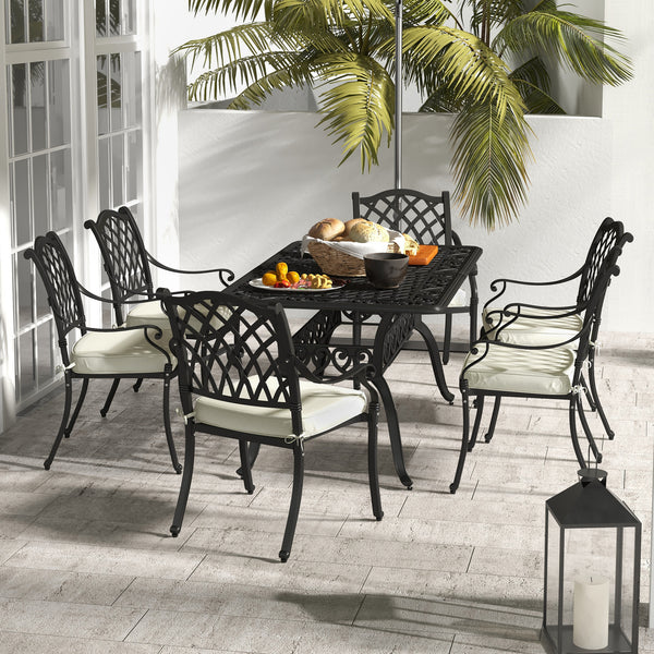 7 PCs Garden Patio Dining Set with Parasol Hole, Cast Aluminium Outdoor Furniture Set with Six Cushioned Chairs and Rectangle Dining Table, for Garden, Lawn, Deck, Black