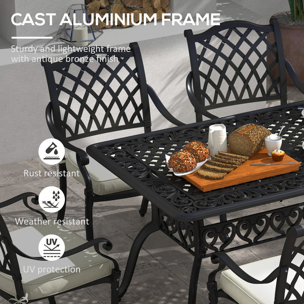 7 PCs Garden Patio Dining Set with Parasol Hole, Cast Aluminium Outdoor Furniture Set with Six Cushioned Chairs and Rectangle Dining Table, for Garden, Lawn, Deck, Black