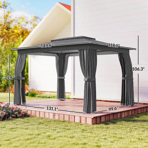 10' x 12' Outdoor Patio Gazebo, Soft Top Gazebo Canopy Shelter with Double Roof, Curtains, Netting, Steel Frame, UPF30+ Protection, Ceiling Hooks for Lawn, Backyard, Deck, Dark Gray