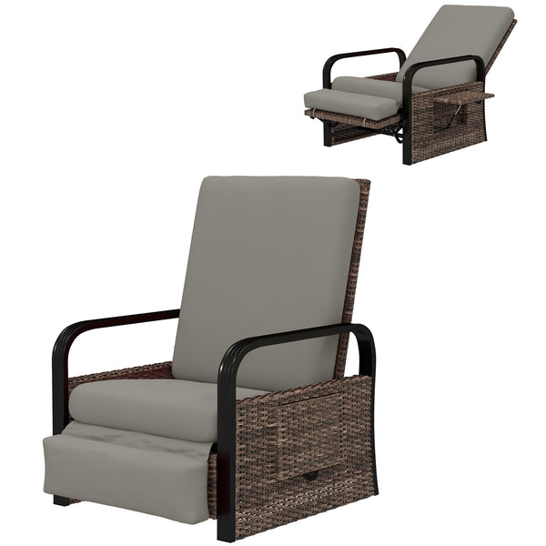 Outdoor Recliner Chair, Reclining Outdoor Lounge Chair with Adjustable Backrest and Footrest, Wicker Chair with Flip Side Table, Aluminum Armrests and Cushion, Light Grey