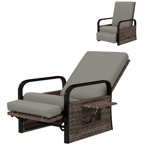 Outdoor Recliner Chair, Reclining Outdoor Lounge Chair with Adjustable Backrest and Footrest, Wicker Chair with Flip Side Table, Aluminum Armrests and Cushion, Light Grey