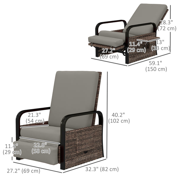 Outdoor Recliner Chair, Reclining Outdoor Lounge Chair with Adjustable Backrest and Footrest, Wicker Chair with Flip Side Table, Aluminum Armrests and Cushion, Light Grey