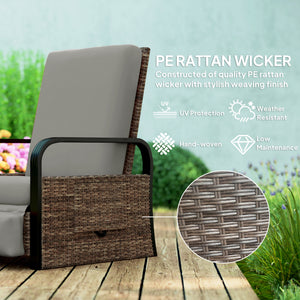 Outdoor Recliner Chair, Reclining Outdoor Lounge Chair with Adjustable Backrest and Footrest, Wicker Chair with Flip Side Table, Aluminum Armrests and Cushion, Light Grey