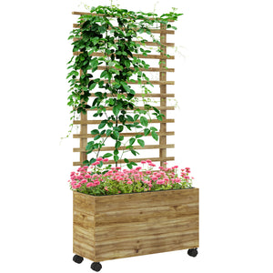 Outdoor Wooden Planters with Trellis Free Standing Flower Raised Beds for Garden with 4 Wheels for Climbing Plants, 76 x 30 x 155cm, Natural