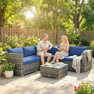 4 Pieces Rattan Garden Furniture Set, Wicker Outdoor Furniture Set with Corner Sofa Loveseat Coffee Table Cushions, Conservatory Furniture Set for Patio Balcony, Blue