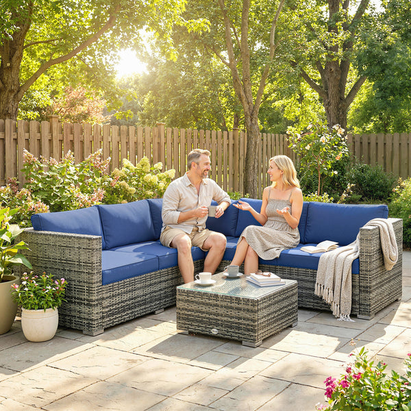 4 Pieces Rattan Garden Furniture Set, Wicker Outdoor Furniture Set with Corner Sofa Loveseat Coffee Table Cushions, Conservatory Furniture Set for Patio Balcony, Blue