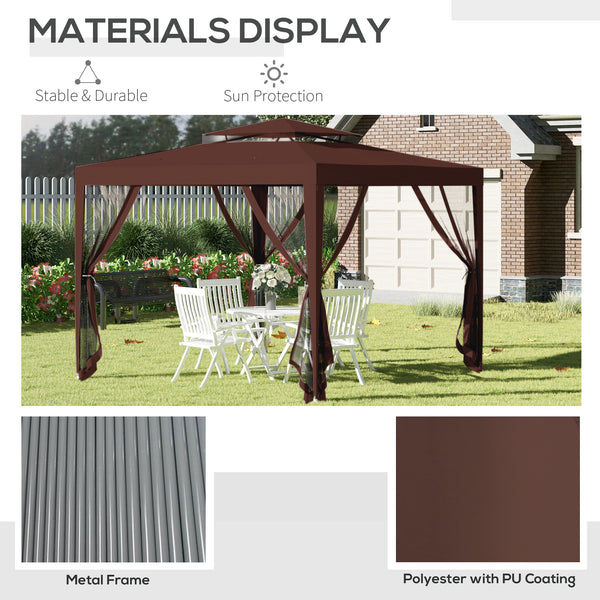 10' x 10' Canopy Tent, Party Tent with Mesh Netting and Double Tier Roof for Backyard, Garden, Patio, Outdoor, Brown