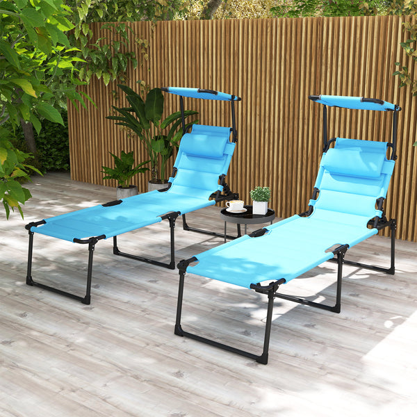 2 Pieces Outdoor Lounge Chair, Adjustable Backrest Folding Chaise Lounge, Cushioned Tanning Chair with Sunshade Roof & Pillow Headrest for Beach, Camping, Hiking, Light Blue
