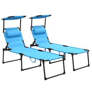2 Pieces Outdoor Lounge Chair, Adjustable Backrest Folding Chaise Lounge, Cushioned Tanning Chair with Sunshade Roof & Pillow Headrest for Beach, Camping, Hiking, Light Blue