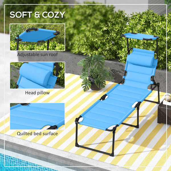 2 Pieces Outdoor Lounge Chair, Adjustable Backrest Folding Chaise Lounge, Cushioned Tanning Chair with Sunshade Roof & Pillow Headrest for Beach, Camping, Hiking, Light Blue