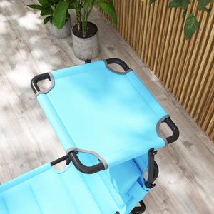2 Pieces Outdoor Lounge Chair, Adjustable Backrest Folding Chaise Lounge, Cushioned Tanning Chair with Sunshade Roof & Pillow Headrest for Beach, Camping, Hiking, Light Blue