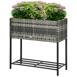 Modern Elevated Metal Raised Garden Bed with Rattan Wicker Look, Underneath Tool Storage Rack, Mixed Grey