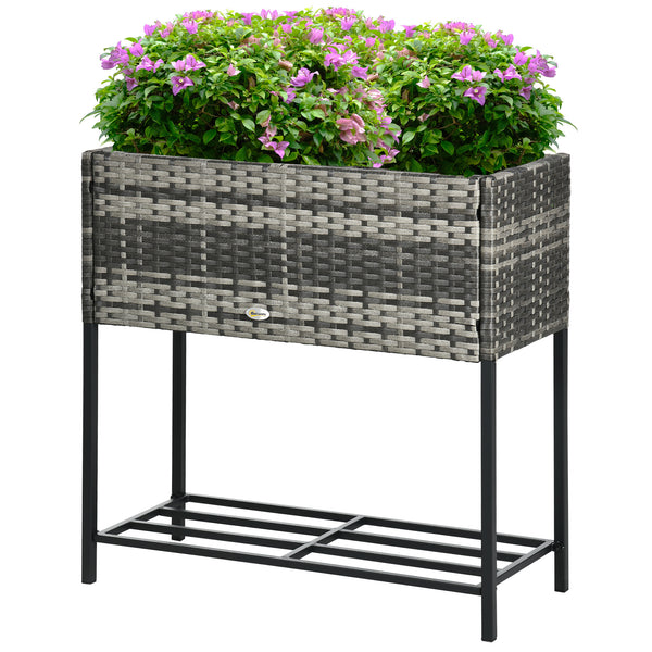 Modern Elevated Metal Raised Garden Bed with Rattan Wicker Look, Underneath Tool Storage Rack, Mixed Grey