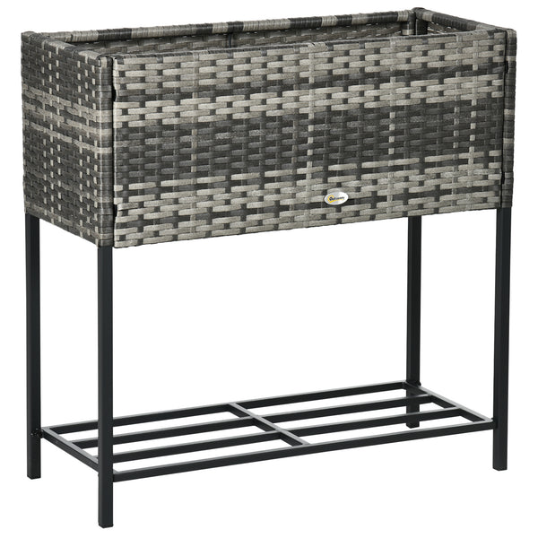 Modern Elevated Metal Raised Garden Bed with Rattan Wicker Look, Underneath Tool Storage Rack, Mixed Grey